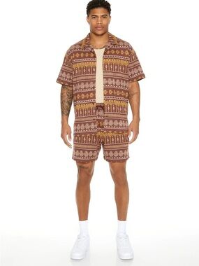 Geo Print Cuban Collar Button-Up Shirt Mens Size Large